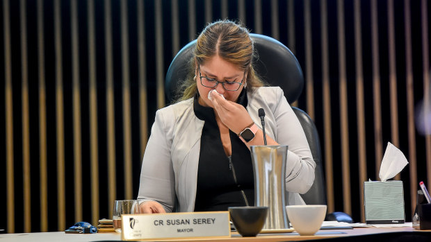 Then Casey mayor Susan Serey wipes away tears at her final council meeting.