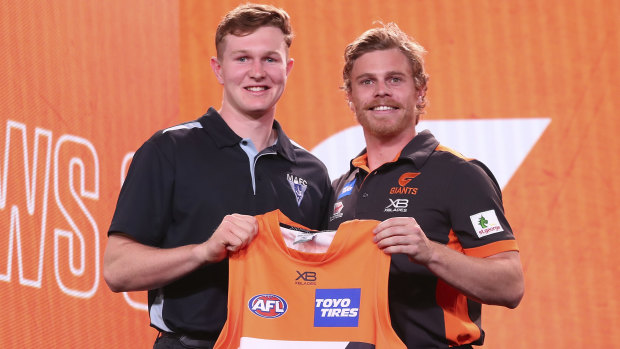 Giant strides: GWS number 10 pick Tom Green (left) poses with new teammate Adam Kennedy.
