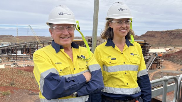 Andrew Forrest and Fortescue Metals chief executive Fiona Hick at the Iron Bridge magnetite project in the Pilbara.