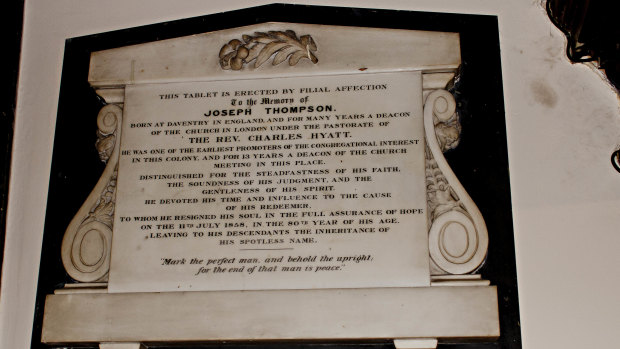 Joseph Thompson's plaque in the Pitt Street Congregational Church. 