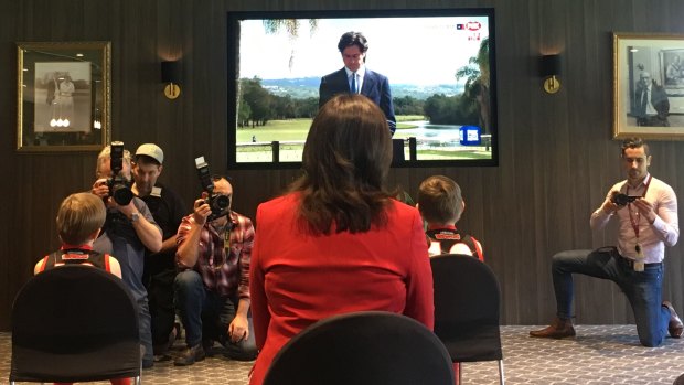 Premier Annastacia Palaszczuk watches AFL boss Gillon McLachlan announce that the grand final will be held in Brisbane.