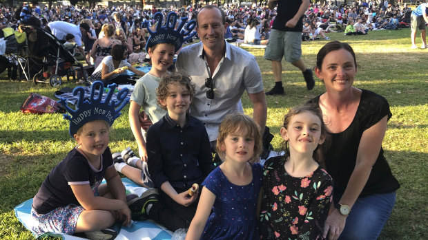 Friends James Heywood and Lauren Anderson were “kid-wrangling” for the night, in charge of five children under nine. From left to right; Abigail, 6, Christopher, 7, Joshua, 9, and Emily, 5, Caitlin, 6. 