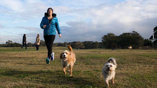 Camille Gray, Rose Donnelly and Robyn Gilbert with their dogs in Astrolabe Park.