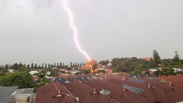 Steven Overmeire took this shot in Wembley about 5pm. "I took this from the balcony of my parents’ apartment in Mercy Retirement Village, Wembley just at the time (around 5pm) this lightning struck a tree, which caught fire. DFES were quick on the scene and luckily no one hurt, just a few damaged branches of a large gum tree."