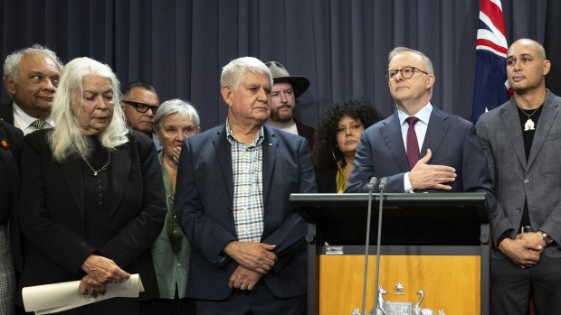 Prime Minister Anthony Albanese during a press conference alongside key Voice leaders on Thursday.