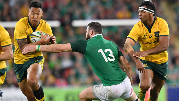 Folau and Beale in action for Australia during the Ireland series in 2018. 