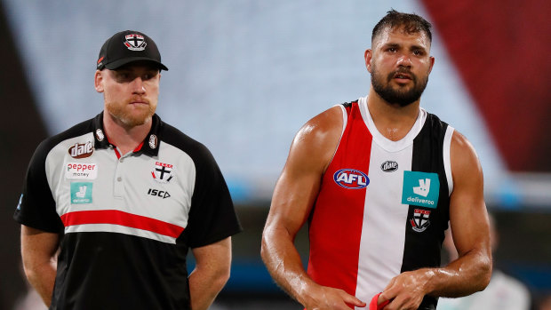 Paddy Ryder with St Kilda's Jarryd Roughead.