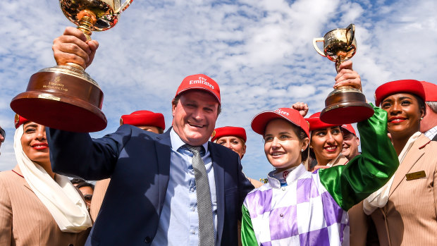 Darren Weir and Michelle Payne after Prince of Penzance won the 2015 Melbourne Cup.