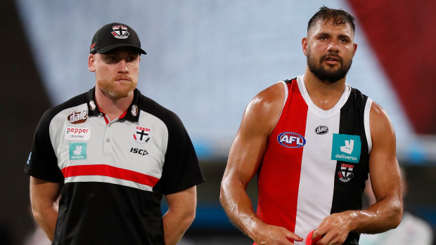 Paddy Ryder with St Kilda's Jarryd Roughead.