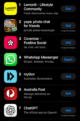 Top apps on Apple’s App Store this morning are alternative social media apps not included on the eSafety Commissioner’s age-restricted platforms list, including Lemon8, Yope, and Coverstar.