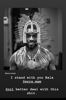 Latrell Mitchell leaps to the support of Ezra Mam on Instagram.