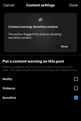 X gives posters the option of putting a content warning on their content, but it is rarely used.
