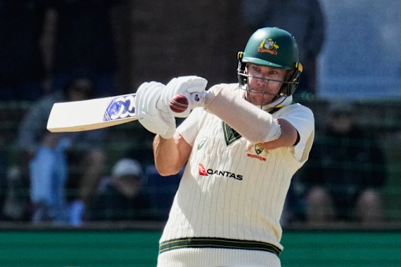 Australia’s Scott Boland plays a shot on day five.
