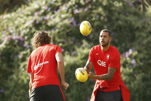 Lance Franklin at a Swans training session on Friday. He will be back in action on Saturday against Melbourne.