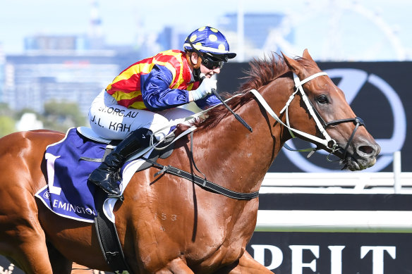 Jamie Kah steers Nature Strip to victory in the Lightning Stakes at Flemington on Saturday.