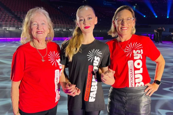 The clan Spectacular: from left Annette Andersen her grand-daughter Juliette Andersen-Allen and daughter Genevieve Andersen, all of whom have taken part in shows over 40 years of NSW Schools Spectacular.