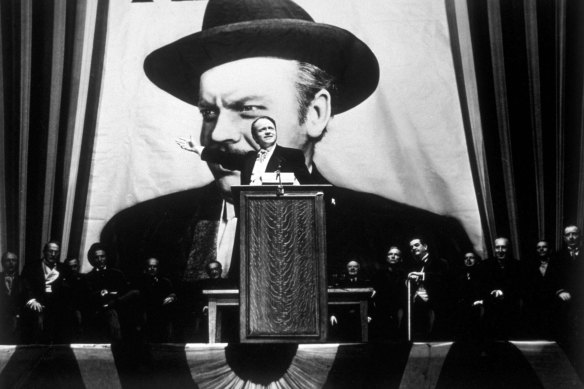 Orson Welles in the lead role in his 1941 film Citizen Kane.