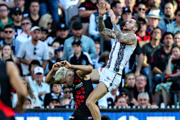 Jeremy Howe flies high in this year’s Anzac Day clash.