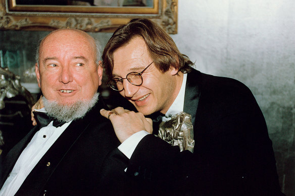 Tom Keneally seen with actor Liam Neeson, who starred in the film adaptation of Keneally's Booker prize-winning Schindler's Ark.