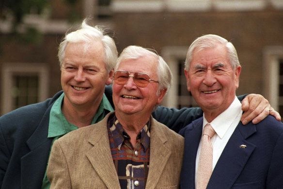 From left, Dad’s Army cast members Ian Lavender, Clive Dunn and Bill Pertwee in 1998 reunited to mark the 30th anniversary of the first broadcast of the vintage comedy.