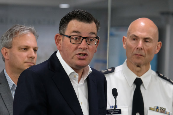 The Chief Health Officer, Brett Sutton,  Victorian Premier Daniel Andrews and  Andrew Crisp, Victoria's Emergency Management Commissioner.