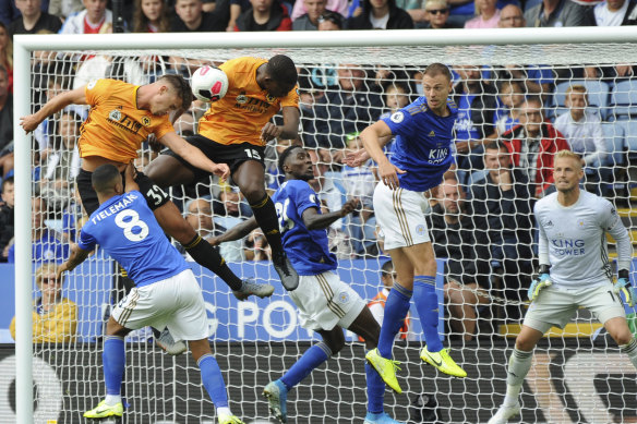 Leander Dendoncker scores a disallowed goal for Wolves against Leicester City at the King Power Stadium in Leicester on Sunday.