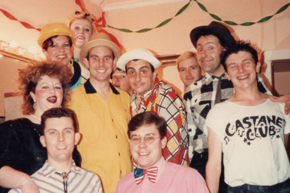Backstage with the Castanet Club c1984: John Hay is in the front row at far left (striped shirt).