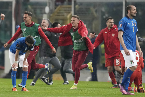 North Macedonia players celebrate after eliminating Italy in the World Cup play-offs.