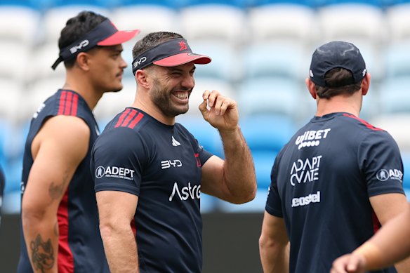 James Tedesco has a laugh at training this week as he prepares for his third grand final.