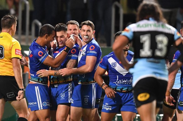 The Bulldogs celebrate a try by Nick Cotric as they raced to an 18-0 half-time lead on Saturday night.