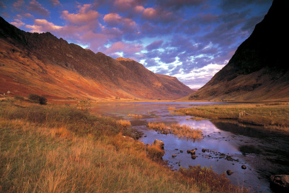 Looking over Loch Achtriochtan to Aonach Eagach ridge in Glen Coe.