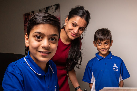 Jahan Dhruve, 10, with his mum Nirali and brother Vihaan, 8. Jahan said Thursday’s snap lockdown meant he didn’t get to say goodbye to his friends. 
