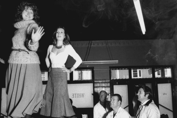 The times were moving fast: Julie McGregor (left) and Catriona Brown were part of the White Horse Players bringing theatre to pubs, such as the Newtown Hotel, in 1976.