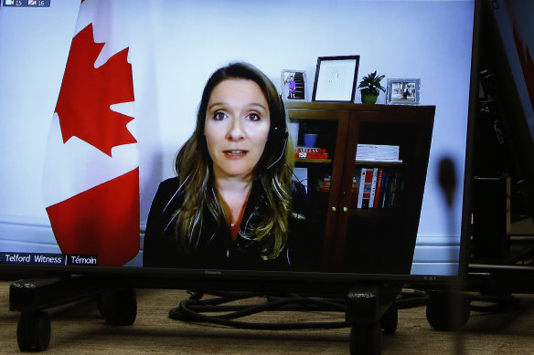 Katie Telford, Canada's chief of staff, speaks by video conference before the House of Commons standing committee in Ottawa, Ontario, Canada.