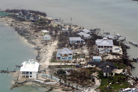 
An aerial view of houses in the Bahamas from a Coast Guard helicopter.