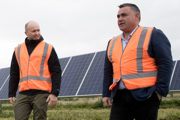 'Delicate dance': Energy Minister Matt Kean with Deputy Premier and NSW National Party leader John Barilaro at a solar farm near Dubbo in June.