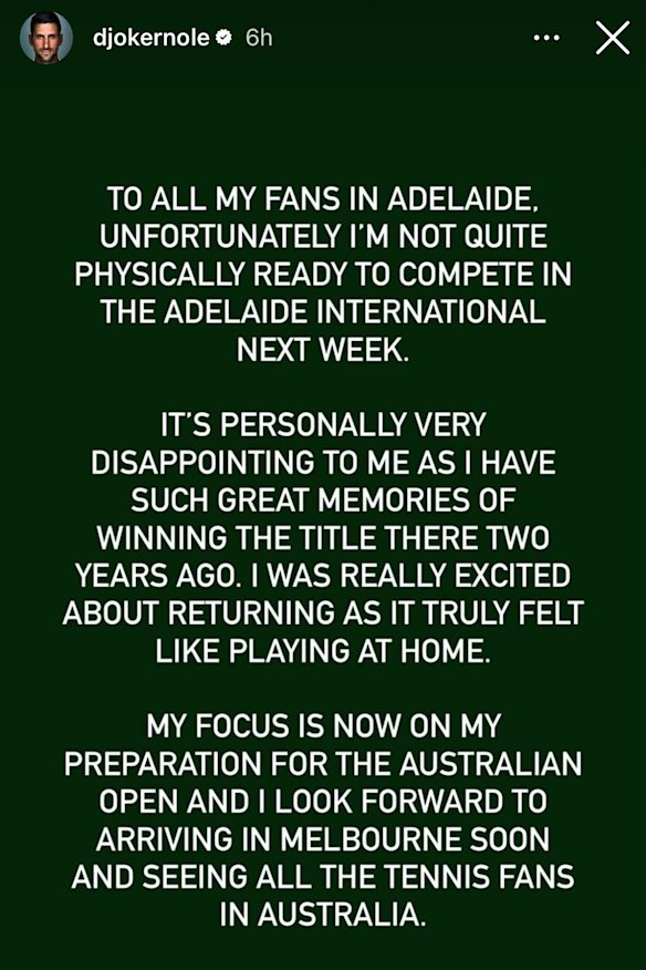 Novak Djokovic’s post to his Instagram story.