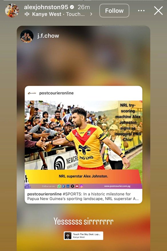 Alex Johnston’s Instagram post confirming he had agreed to join the Chiefs.