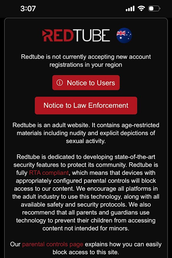 The notice users are presented with on Aylo’s pornographic websites.