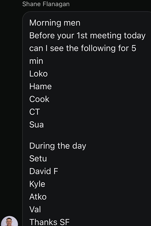 A screenshot of a group message from Dragons coach Shane Flanagan to his players.