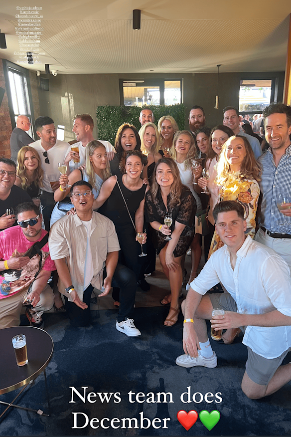 Network 10’s news team celebrates the return of its Christmas party, per presenter Candice Wyatt’s Instagram.