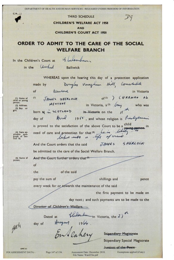 The form making Jim a ward of the state in 1964.