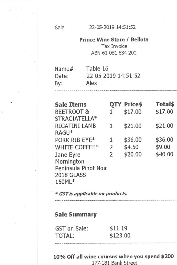 Receipt for lunch with Tony Briggs.