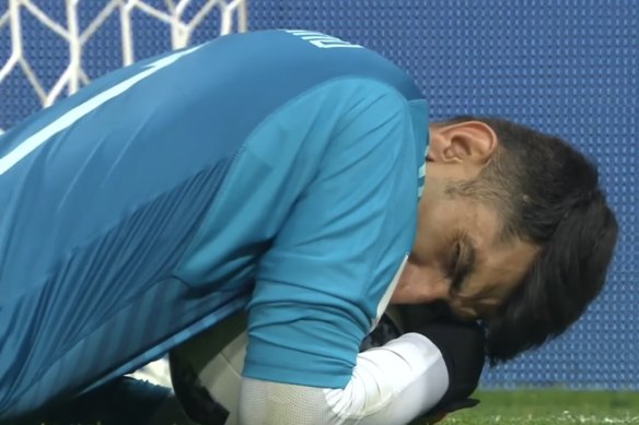 Relief and reward: Beiranvand reacts after saving a penalty against Cristiano Ronaldo.