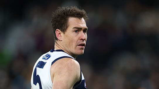 Jeremy Cameron had a poor night for the Cats and appeared to favour his arm in the warm up.
