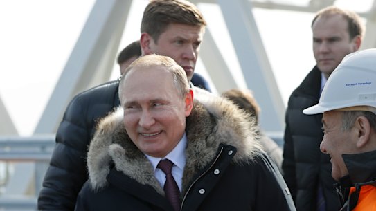 Russian President Vladimir Putin visits the Kerch bridge linking Crimea to mainland Russia in March 2018.