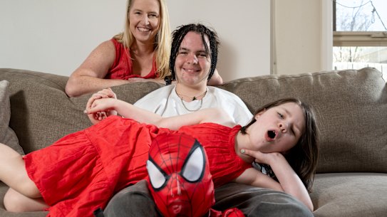 Young carer Charlie Dunn Rice with brother Thomas (Spider-Man costume), sister Ava and mum Kate Dunn.