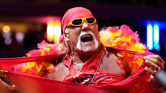 Hulk Hogan rips his shirt and pumps up the crowd at a campaign rally for Donald Trump before the 2024 US election.