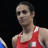 Algeria’s Imane Khelif, right, after defeating Italy’s Angela Carini, left, in their women’s 66kg preliminary boxing match.