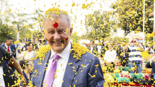 Prime Minister Anthony Albanese during a Holi celebration in Ahmedabad, India.